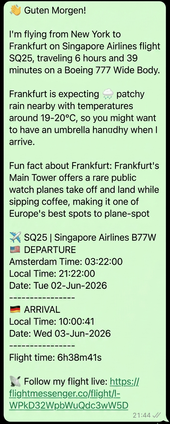 A generated FlightMessenger flight message with times, route and destination weather